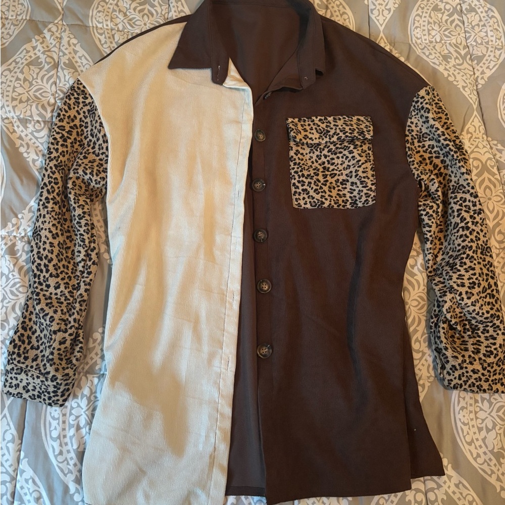 Two-Tone Brown & Cream Button-Up Jacket with Leopard Print Accents